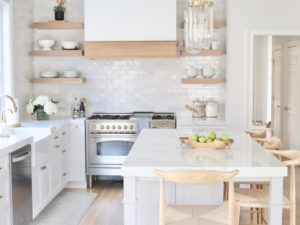 modern kitchen renovation - open natural wood shelving and cleo tile backsplash