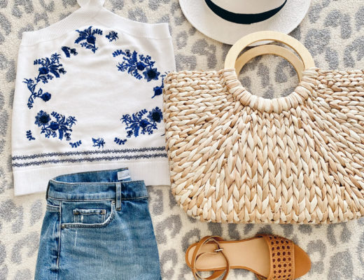 blue embroidered sweater halter tank flatlay with large summer straw tote