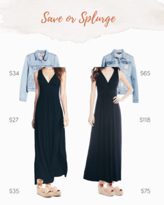save or splurge finds on pinteresting plans blog - black maxi dress and denim jacket