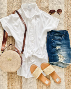 white button down collared short sleeve tie front top woven sandals and round woven canteen summer bag