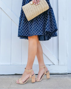 navy midi dress and cork block heeled sandals for summer wedding