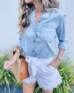 express blue chambray shirt with white tie waist eyelet shorts for a cute comfy summer outfit