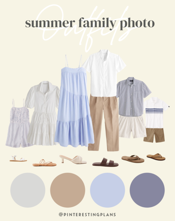outfit ideas for an outdoor summer family photoshoot - pink, blue and neutral color scheme
