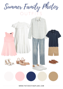 outfit ideas for an outdoor summer family photoshoot - pink, blue and neutral color scheme