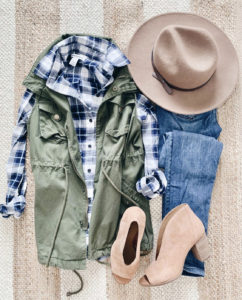 amazon fall plaid button down with olive green utility vest and booties cute fall outfit ideas 2020