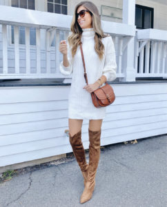 amazon white turtleneck sweater dress with brown over the knee boots outfit