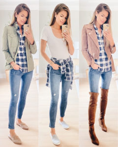 plaid shirt around waist, with utility jacket and over the knee boots on pinteresting plans blog