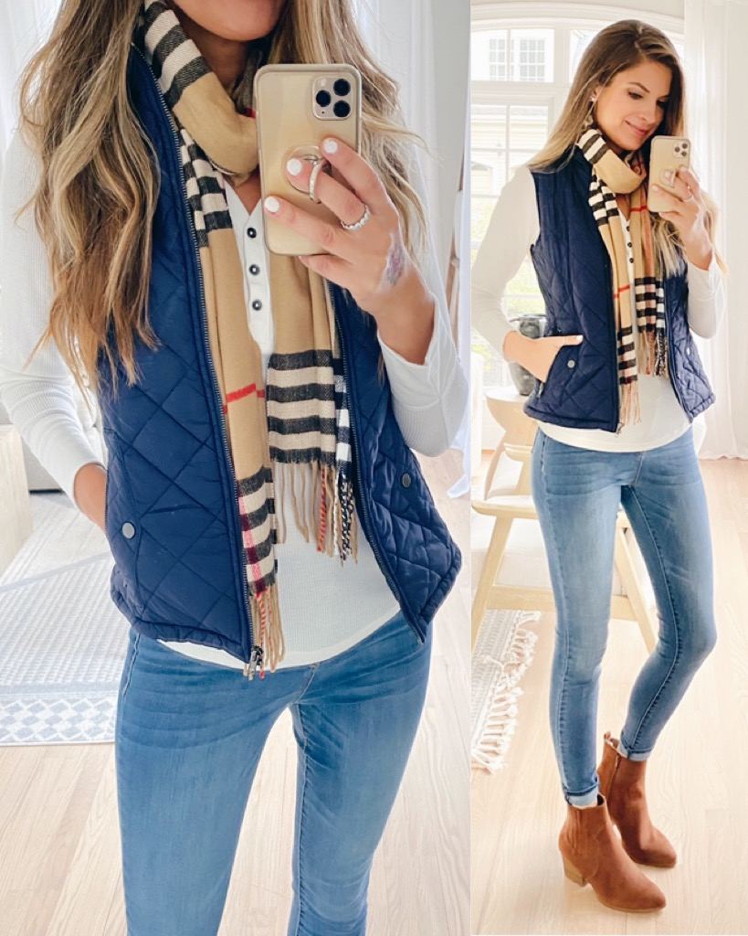 affordable fall navy quilted vest with western booties outfit on pinteresting plans blog