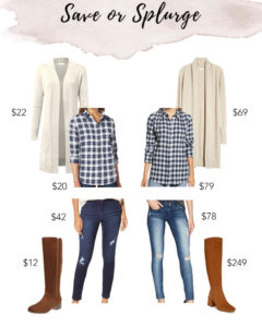 save or splurge plaid shirt long cardigan and knee high boots