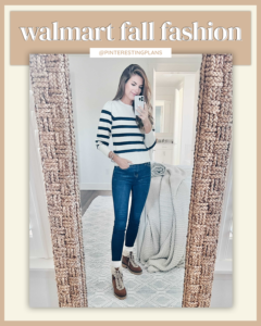striped sweater with jeans and hiking boots fall outfit 2021