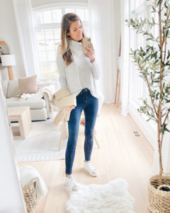 what to wear with high top sneakers - womens casual fall outfit idea
