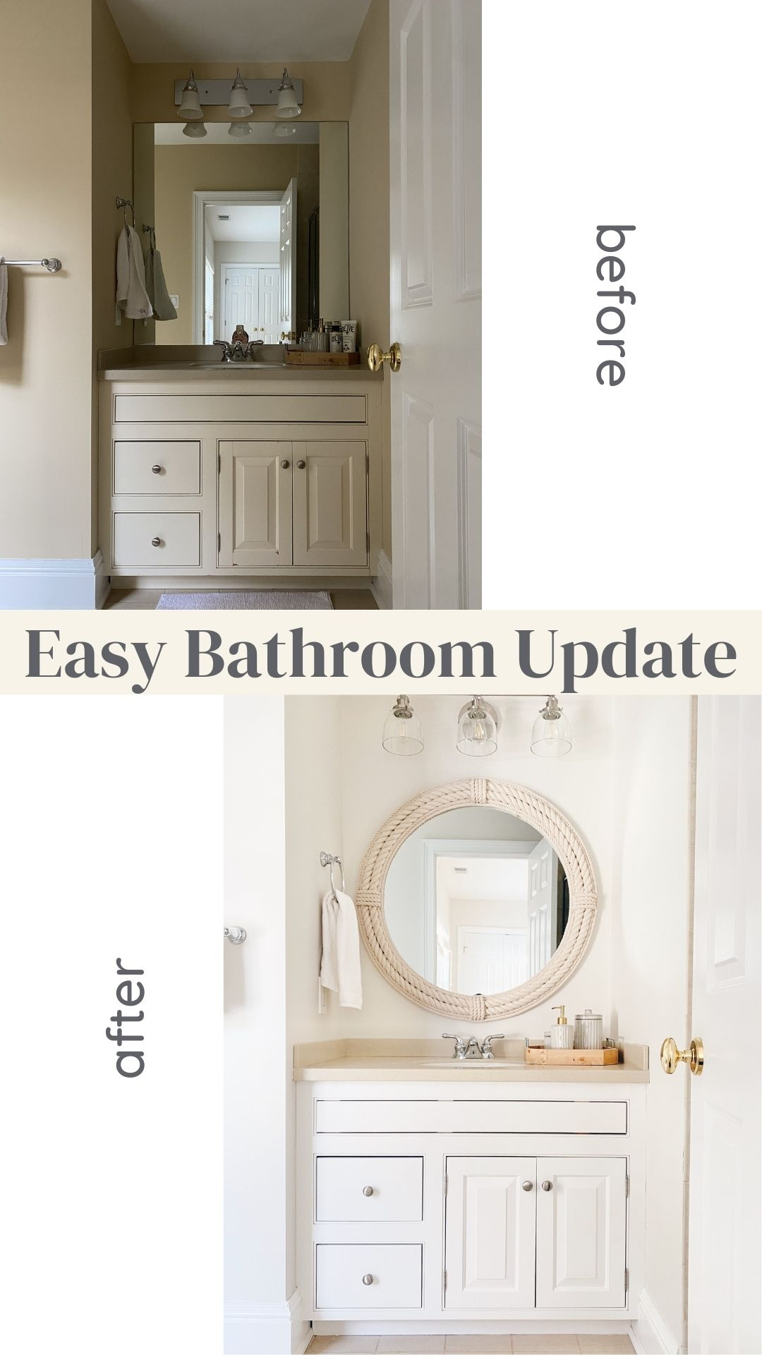 before and after bathroom remodel with paint and new fixtures