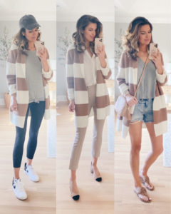 ann taylor striped shawl collar cardigan - cute spring transition outfit ideas