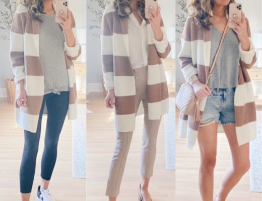 ann taylor striped shawl collar cardigan - cute spring transition outfit ideas