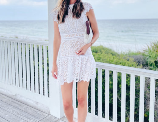 tall fashion blogger wearing white lace mini summer dress