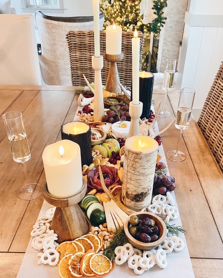 holiday charcuterie spread across dining table