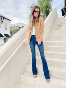 tan sweater blazer with spanx flare jeans business casual outfit