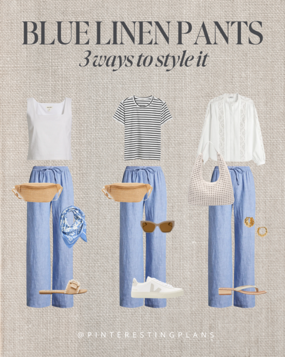 Three ways to style light blue wide leg pants for summer 2025.