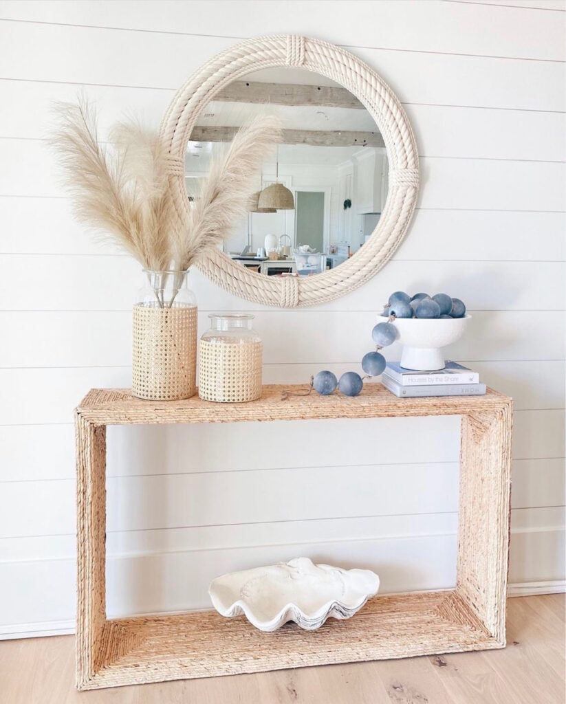 modern coastal woven texture console table decor