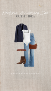 fall coastal outfit with navy knit blazer and straight leg jeans