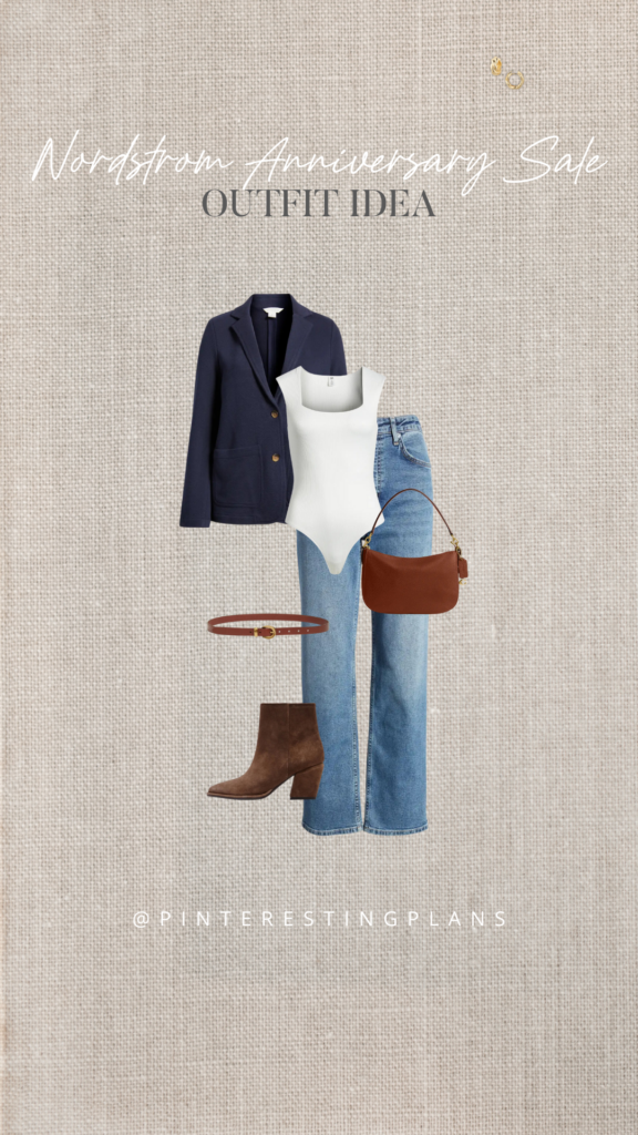 fall coastal outfit with navy knit blazer and straight leg jeans