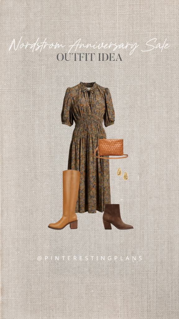 fall patterned brown floral midi dress with knee high boots or booties outfit from nsale 2024