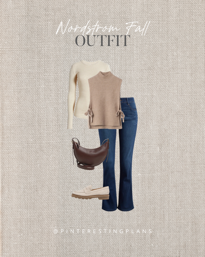 casual fall outfit with side tie bib vest and dark wash bootcut jeans from nordstrom