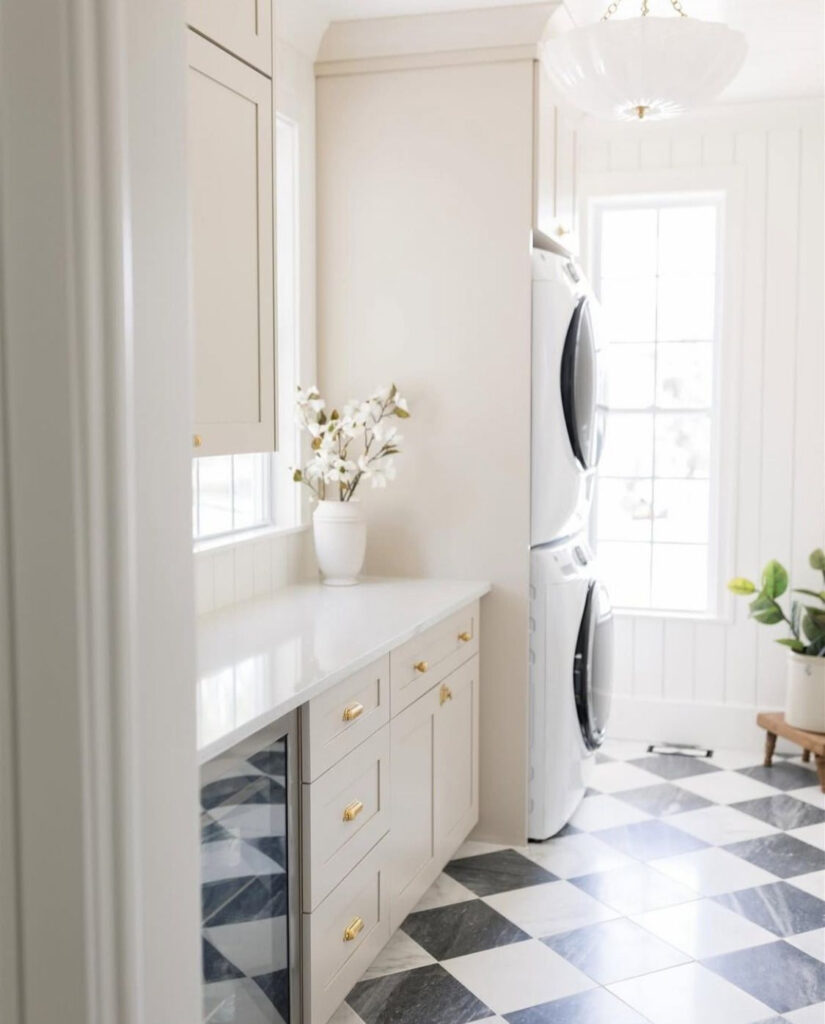 Laundry room area showcasing Benjamin Moore Edgecomb Gray cabinetry with gold hardware.