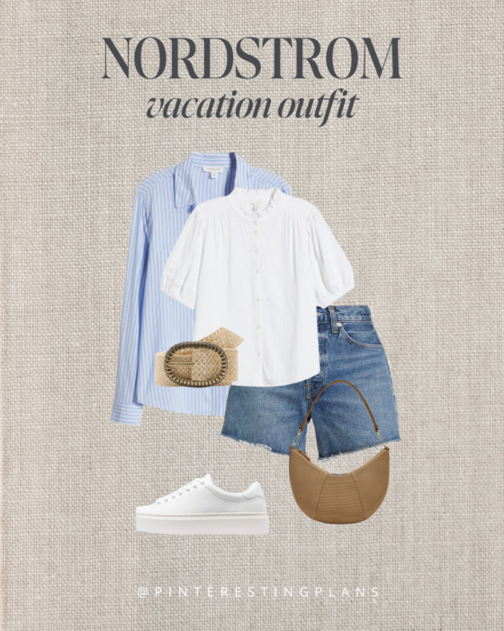 Casual coastal outfit with a white short sleeve eyelet top and AGOLDE denim shorts.
