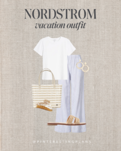 Cute coastal beach outfit with basic white tee and blue stripe wide leg linen pants outfit.