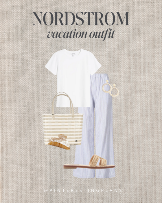 Cute coastal beach outfit with basic white tee and blue stripe wide leg linen pants outfit.