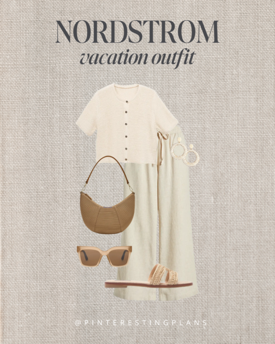 Neutral beach vacation outfit with cream short sleeve button up sweater and wide leg linen pants outfits.