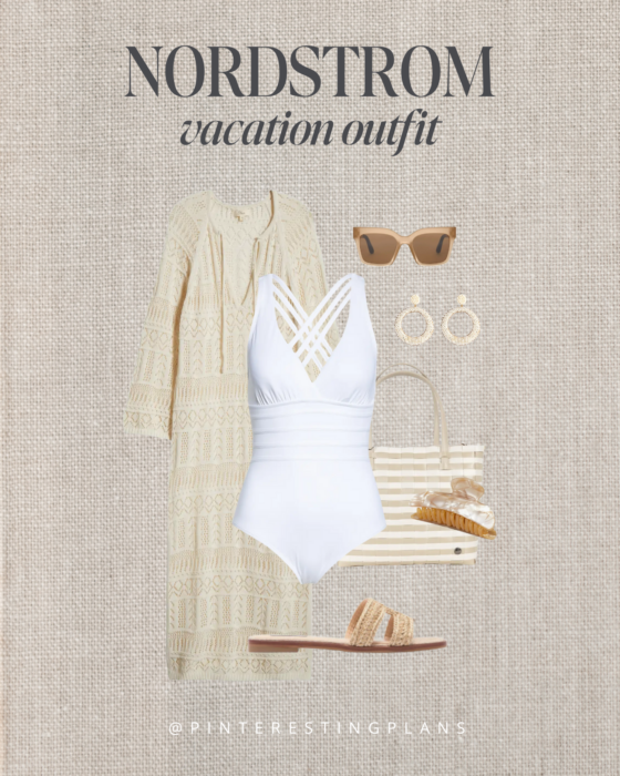 Cute resortwear outfit for a beach vacation featuring a cream crochet maxi dress coverup and white one piece swimsuit.