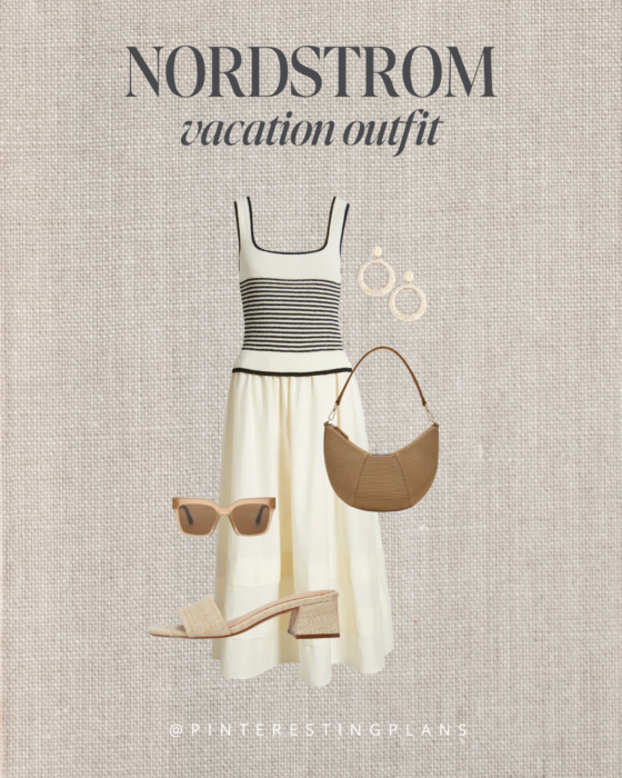 Cream and black stripe maxi sundress perfect for a beach resort dinner outfit.