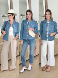Three easy ways to style a peplum denim jacket with linen pants, crop jeans and white wide leg pants.