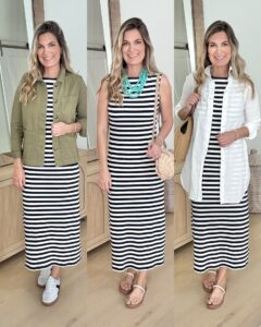 Three ways to style a black and white midi dress for fashionable women over 40.