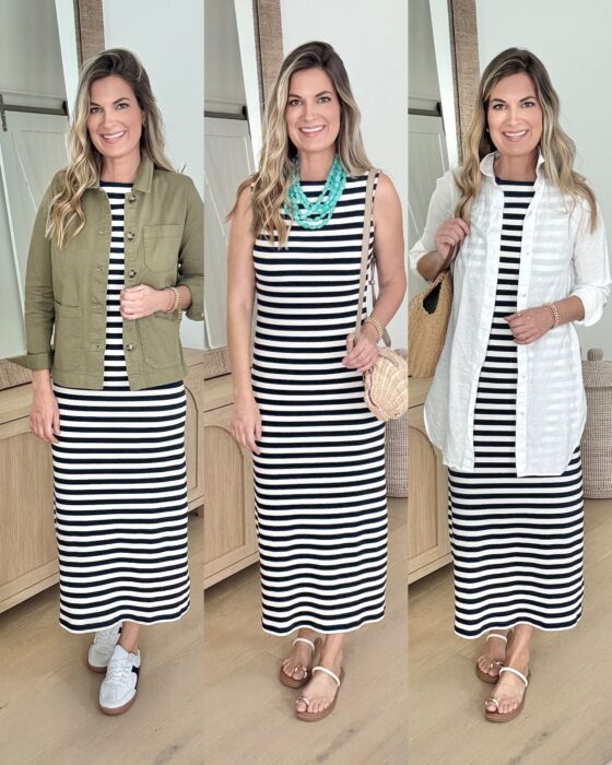 Three ways to style a black and white midi dress for fashionable women over 40.