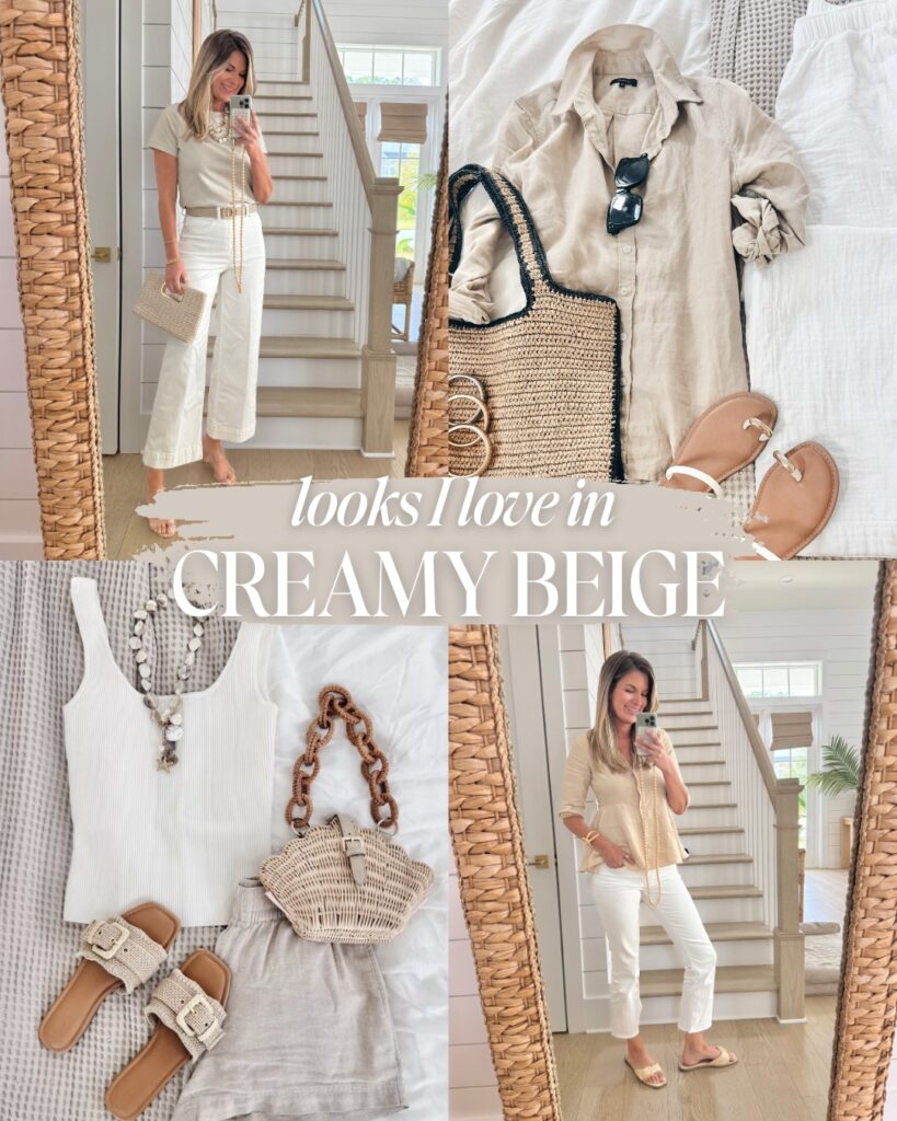 Neutral-toned summer outfit ideas featuring creamy beige and soft white. Looks include a beige top with white cropped pants, a beige button-up shirt with linen, a white ribbed tank with beige shorts, and a peplum-style beige blouse paired with white jeans. Easy and elegant summer style for women.