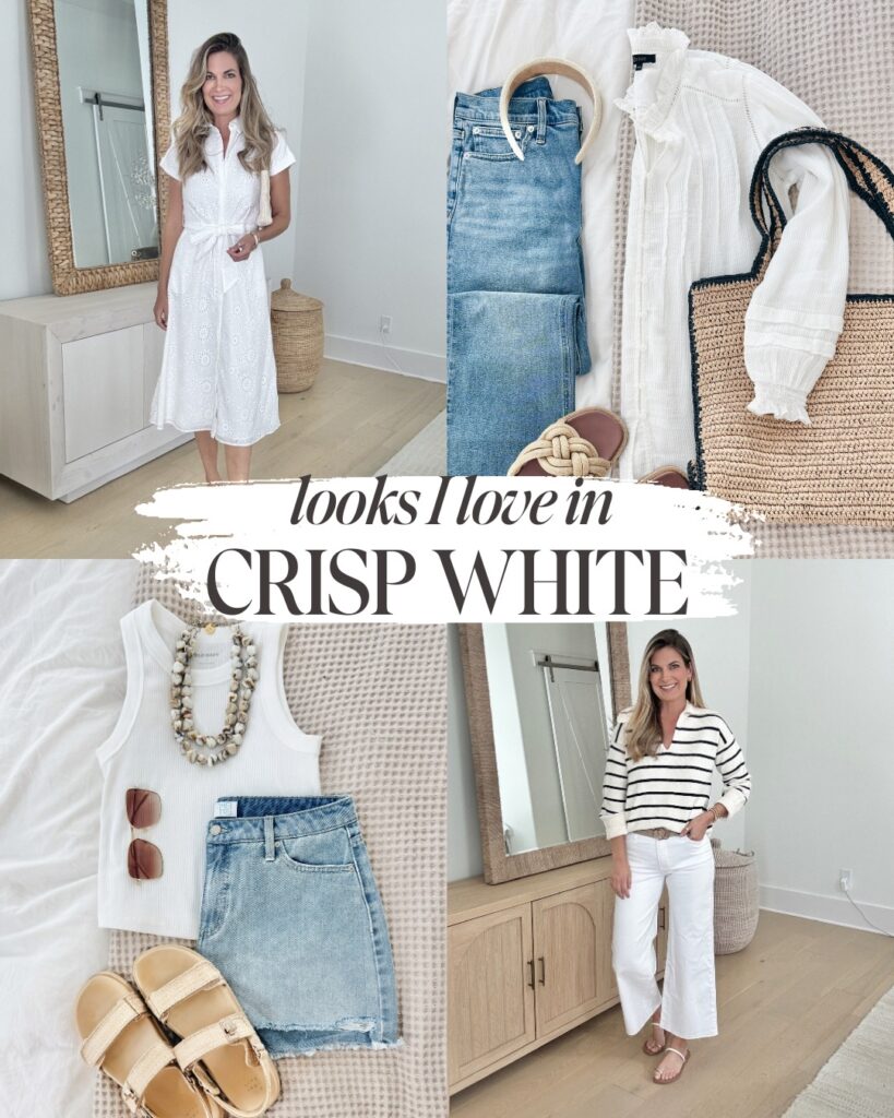Four stylish summer outfit ideas featuring crisp white pieces for women. Includes a white eyelet shirt dress, a white ruffle blouse with denim, a white tank top with a light denim mini skirt, and wide-leg white pants paired with a striped sweater. Perfect for warm-weather fashion inspiration.