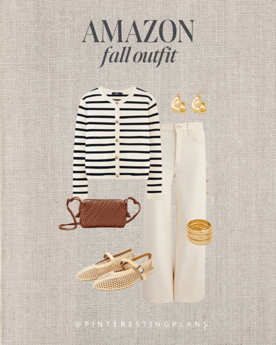Neutral cream Amazon fall outfit with stripe lady cardigan and ecru off white wide leg jeans and mesh Mary Jane flats.