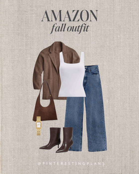 Chic fall Amazon outfit featuring a brown sweater blazer, wide leg jeans and chocolate brown kitten heel boots.