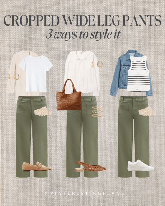 3 ways to style olive green cropped wide leg pants from Quince for fall 2025.