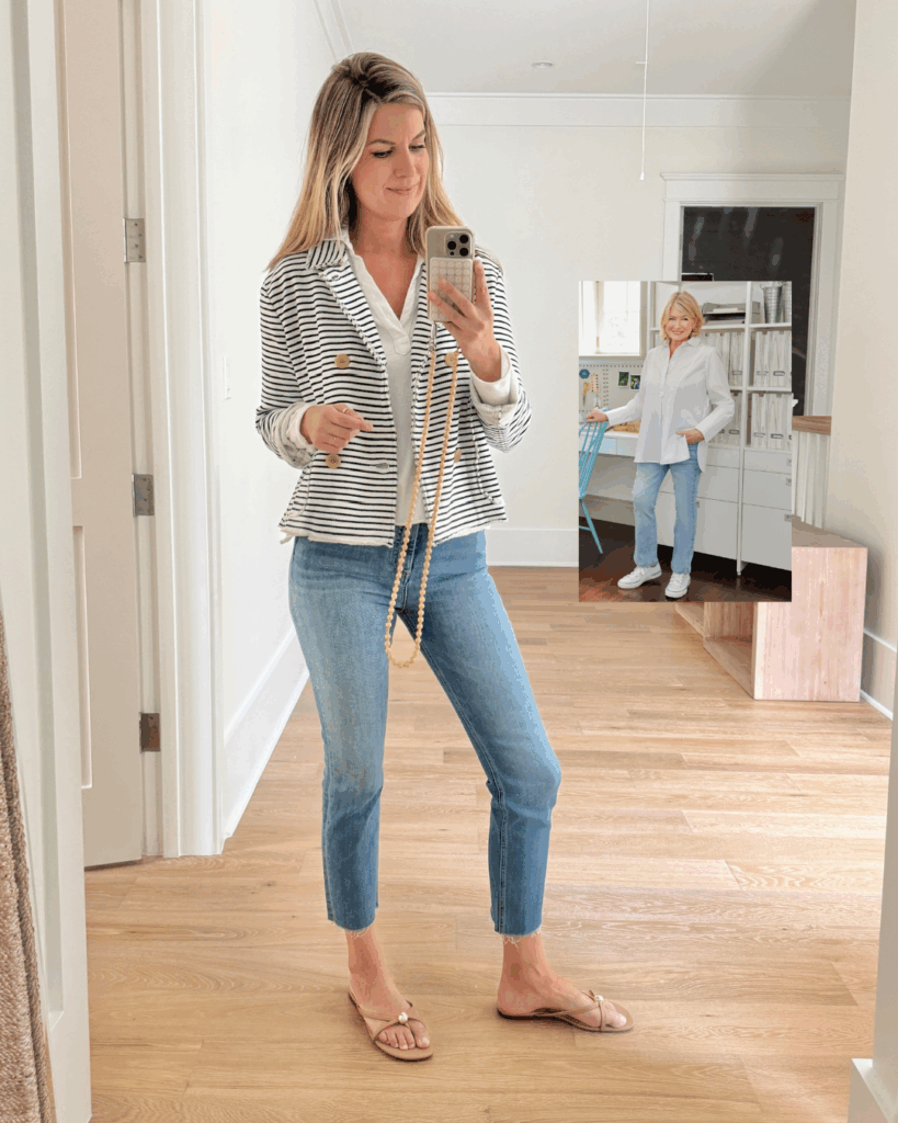 Frank and Eileen outfit featuring navy blue stripe Mini Belfast sweatshirt blazer and classic denim inspired by Martha Stewart.