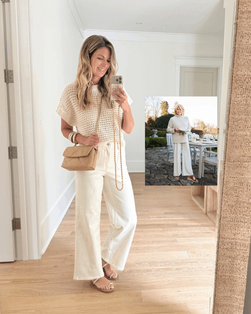 Cute neutral everyday outfit for over 40 women inspired by Martha Stewart.