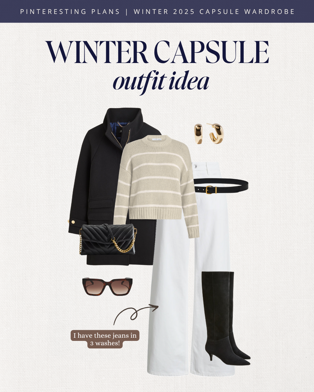 Winter capsule outfit with white wide leg jeans, striped cotton sweater, black wool coat, black knee high boots, black quilted bag, sunglasses, and gold hoop earrings.